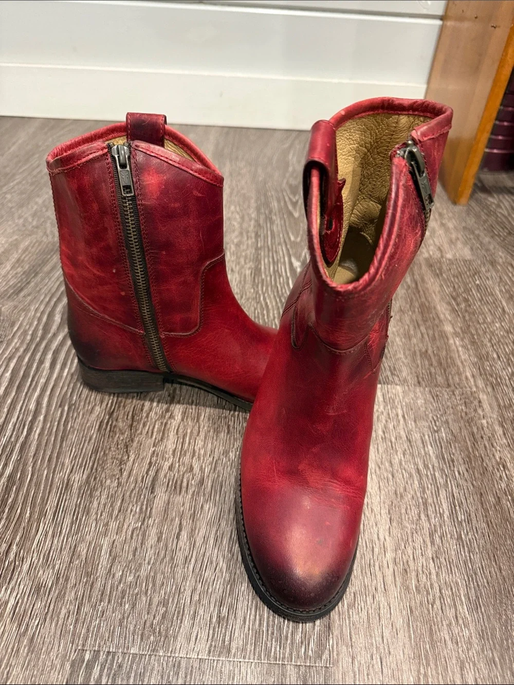 Frye “Melissa” Red Leather Ankle Boots with Side Zippers. Size 7